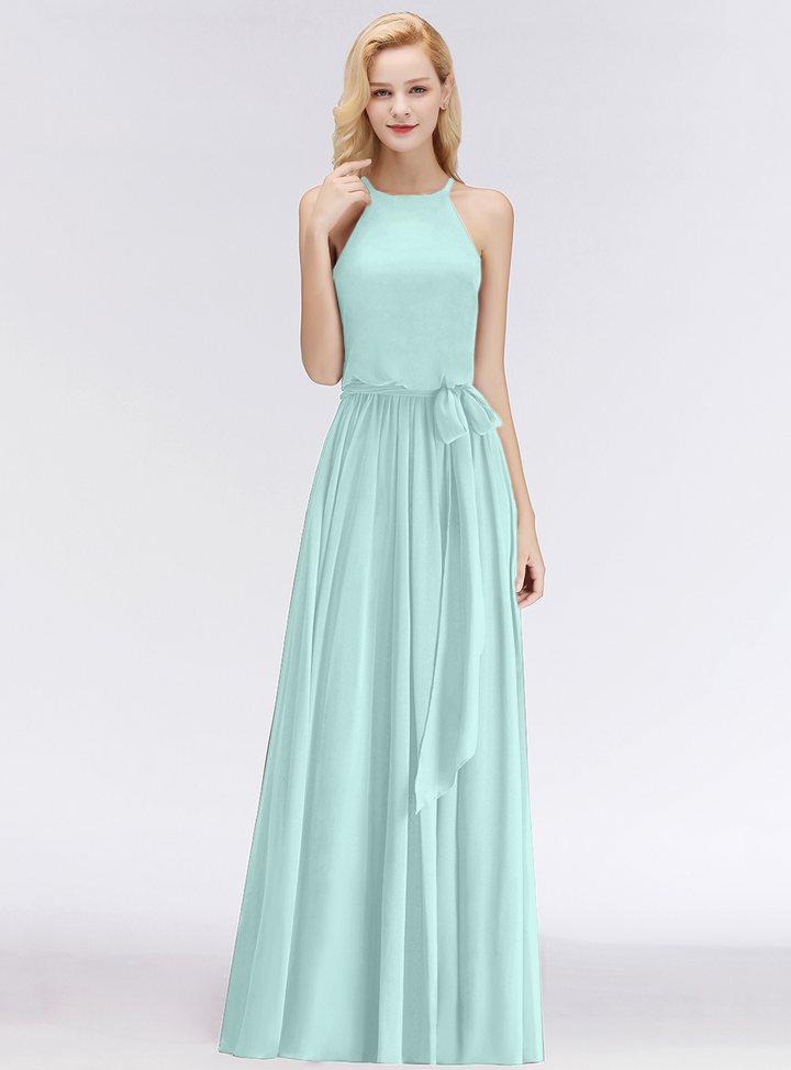 A-line Halter Ruched Chiffon Floor-Length Dress-koscy