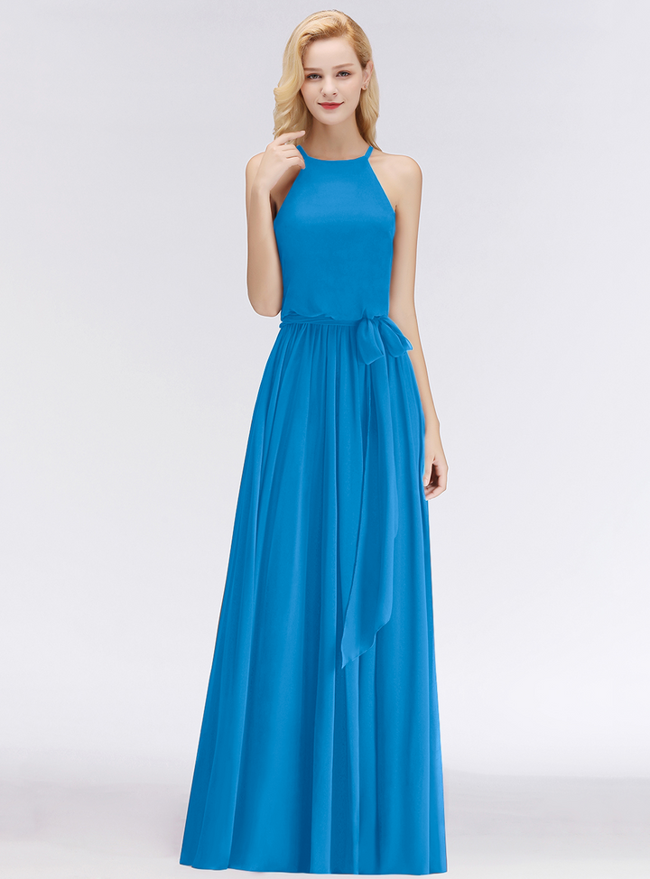 A-line Halter Ruched Chiffon Floor-Length Dress-koscy