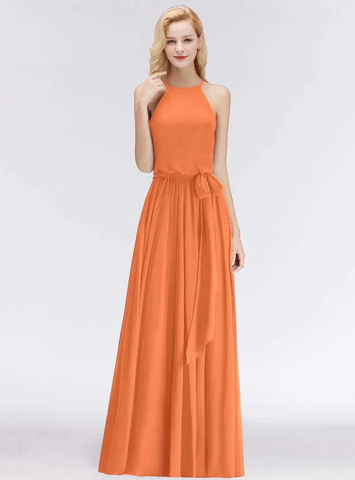 A-line Halter Ruched Chiffon Floor-Length Dress-koscy