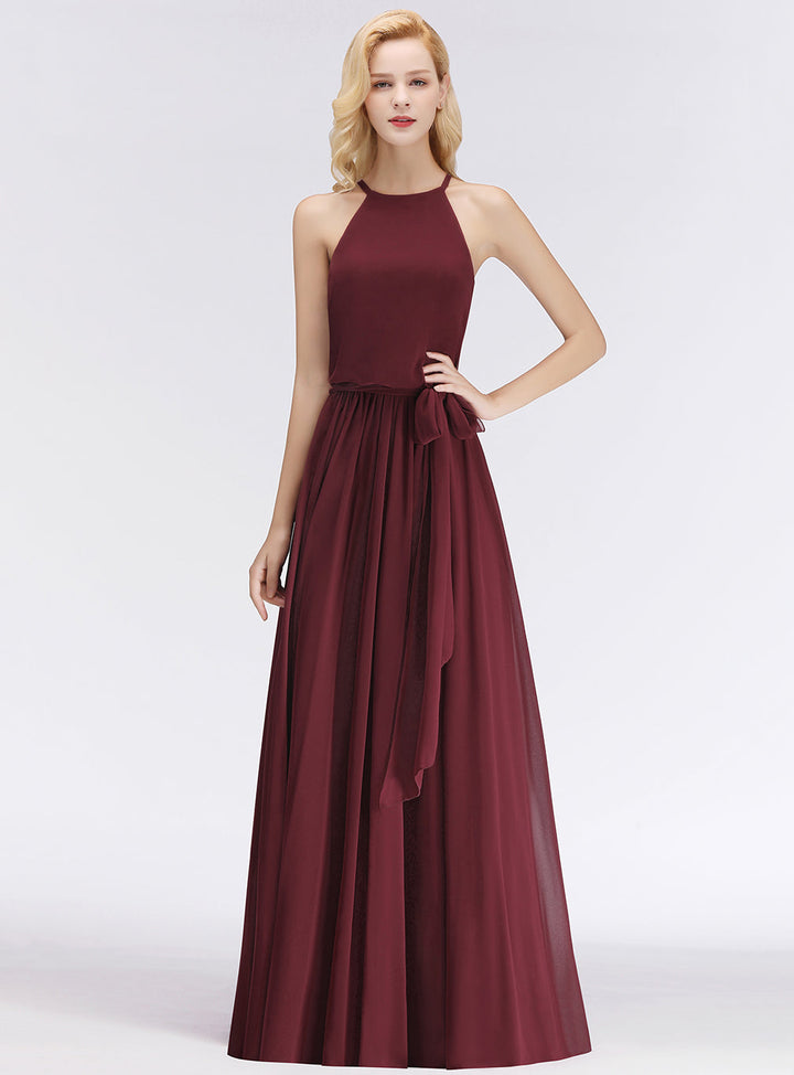 A-line Halter Ruched Chiffon Floor-Length Dress-koscy