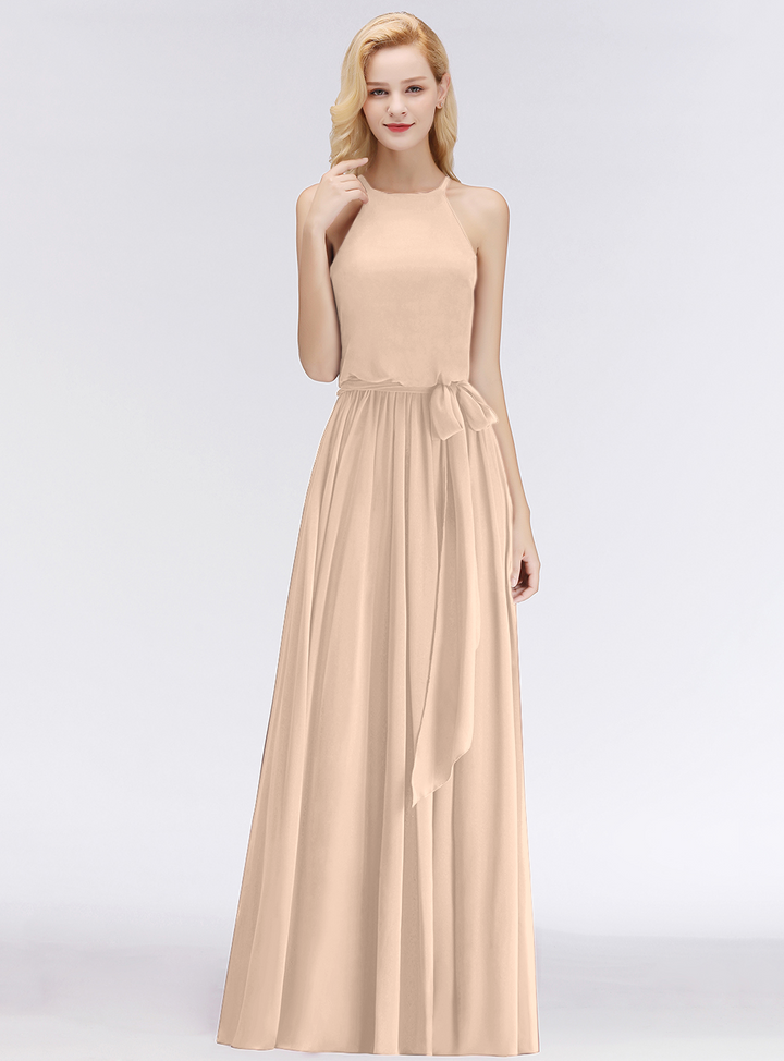 A-line Halter Ruched Chiffon Floor-Length Dress-koscy