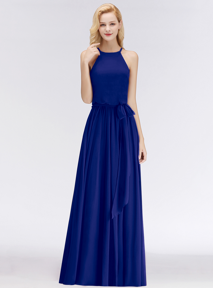 A-line Halter Ruched Chiffon Floor-Length Dress-koscy