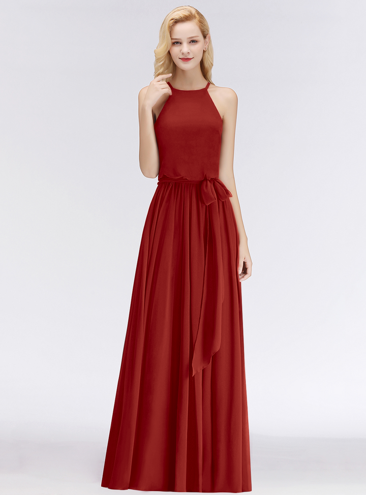 A-line Halter Ruched Chiffon Floor-Length Dress-koscy