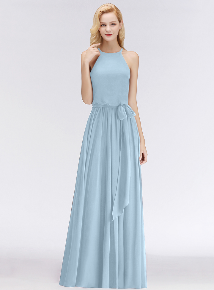 A-line Halter Ruched Chiffon Floor-Length Dress-koscy