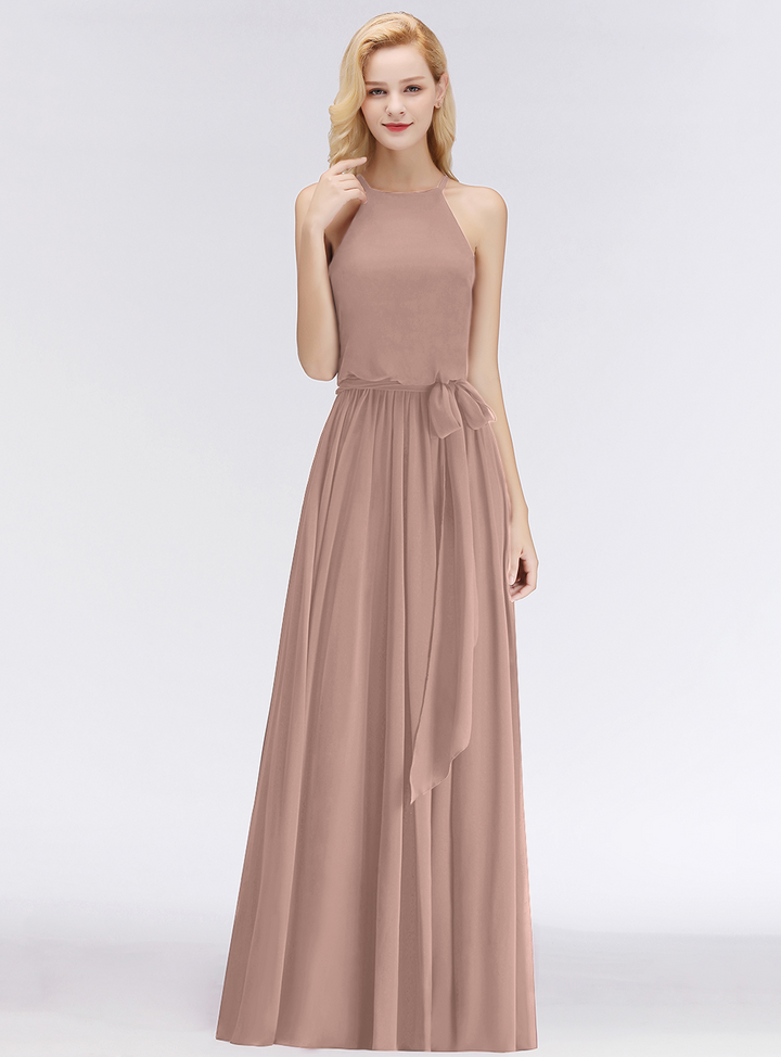 A-line Halter Ruched Chiffon Floor-Length Dress-koscy