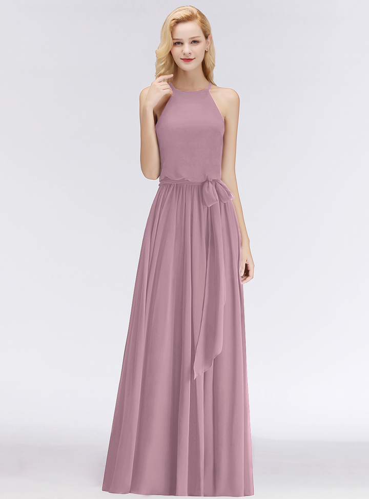 A-line Halter Ruched Chiffon Floor-Length Dress-koscy