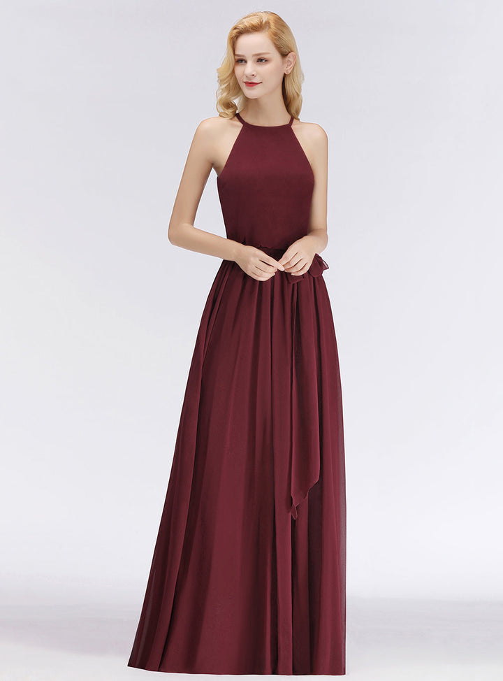 A-line Halter Ruched Chiffon Floor-Length Dress-koscy