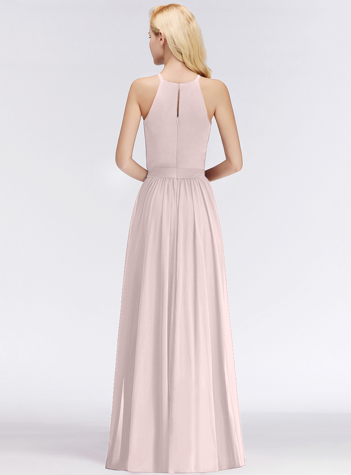 A-line Halter Ruched Chiffon Floor-Length Dress-koscy