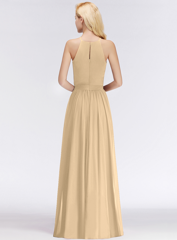 A-line Halter Ruched Chiffon Floor-Length Dress-koscy