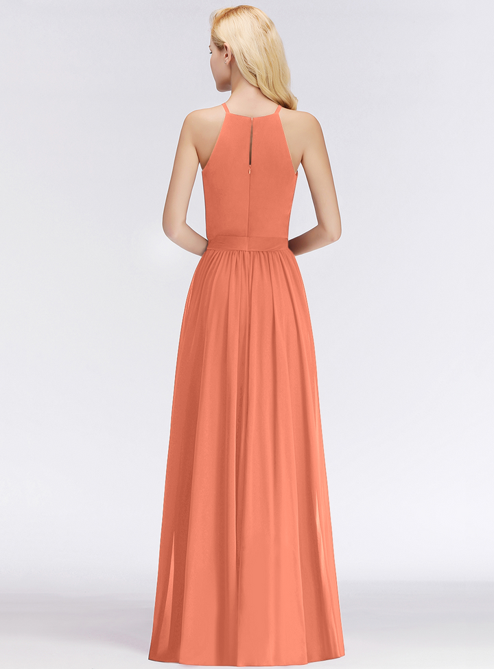 A-line Halter Ruched Chiffon Floor-Length Dress-koscy