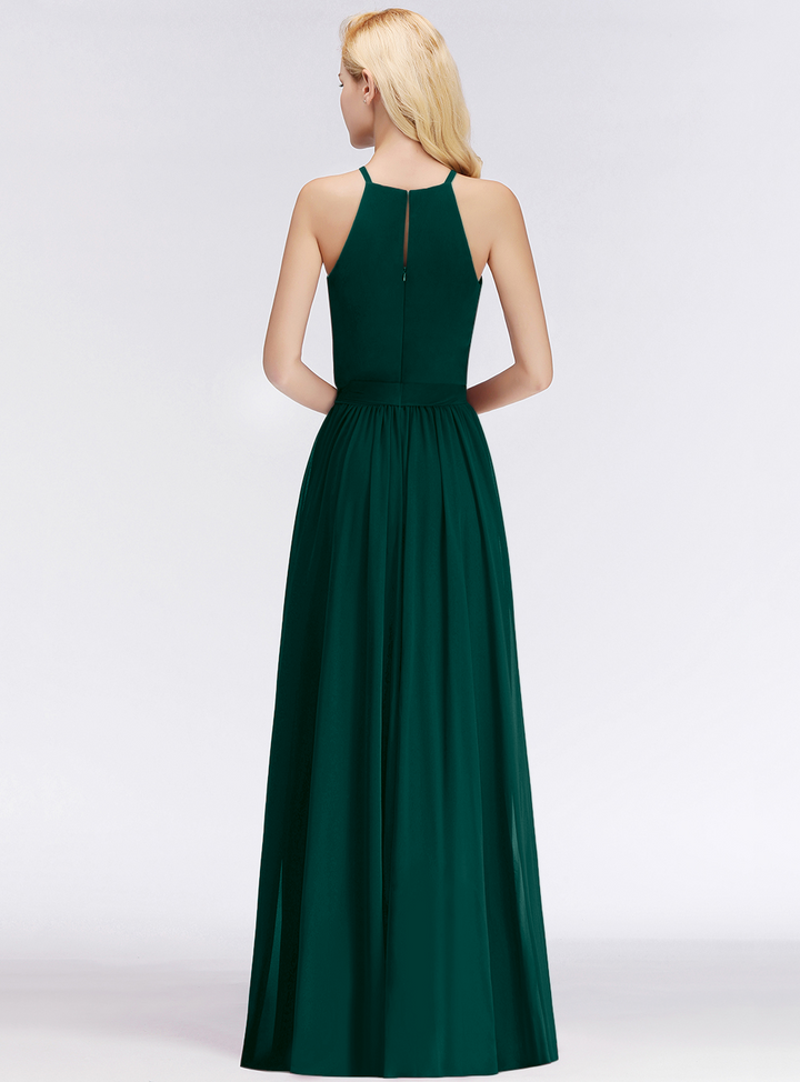 A-line Halter Ruched Chiffon Floor-Length Dress-koscy