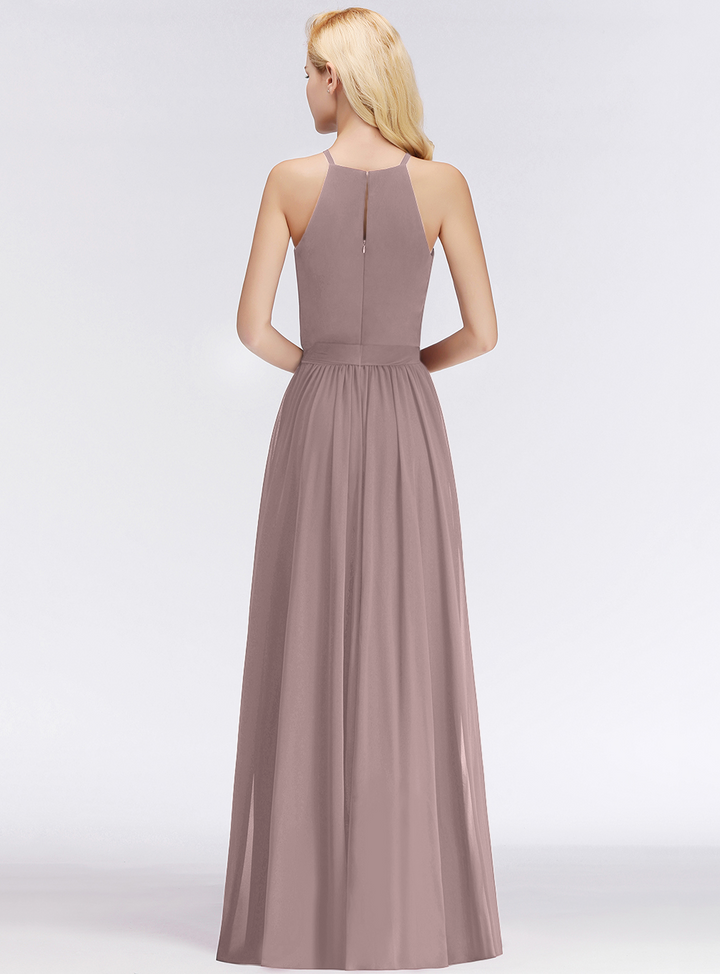 A-line Halter Ruched Chiffon Floor-Length Dress-koscy