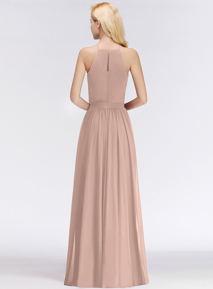 A-line Halter Ruched Chiffon Floor-Length Dress-koscy