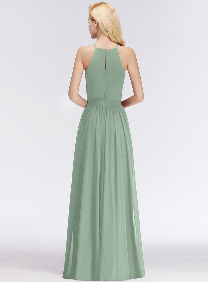 A-line Halter Ruched Chiffon Floor-Length Dress-koscy