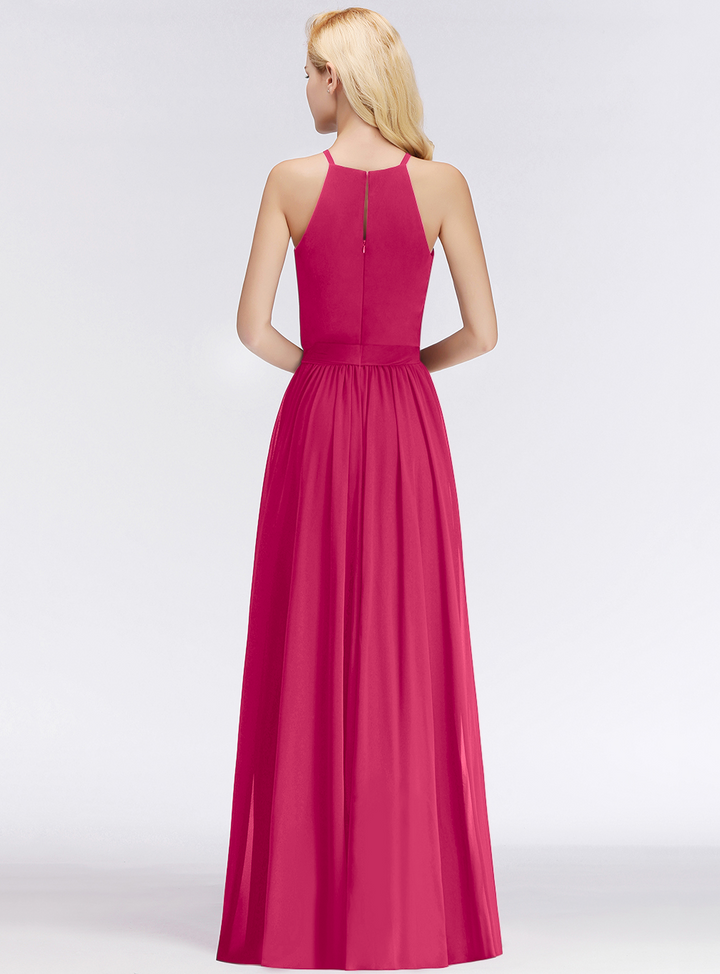 A-line Halter Ruched Chiffon Floor-Length Dress-koscy