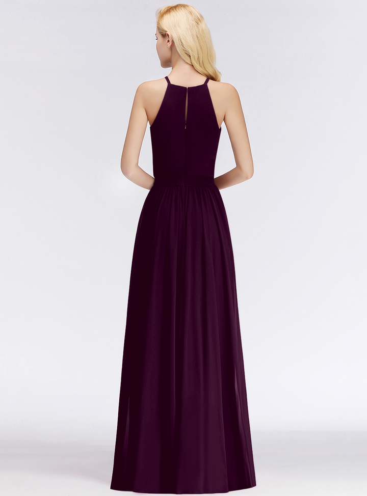 A-line Halter Ruched Chiffon Floor-Length Dress-koscy