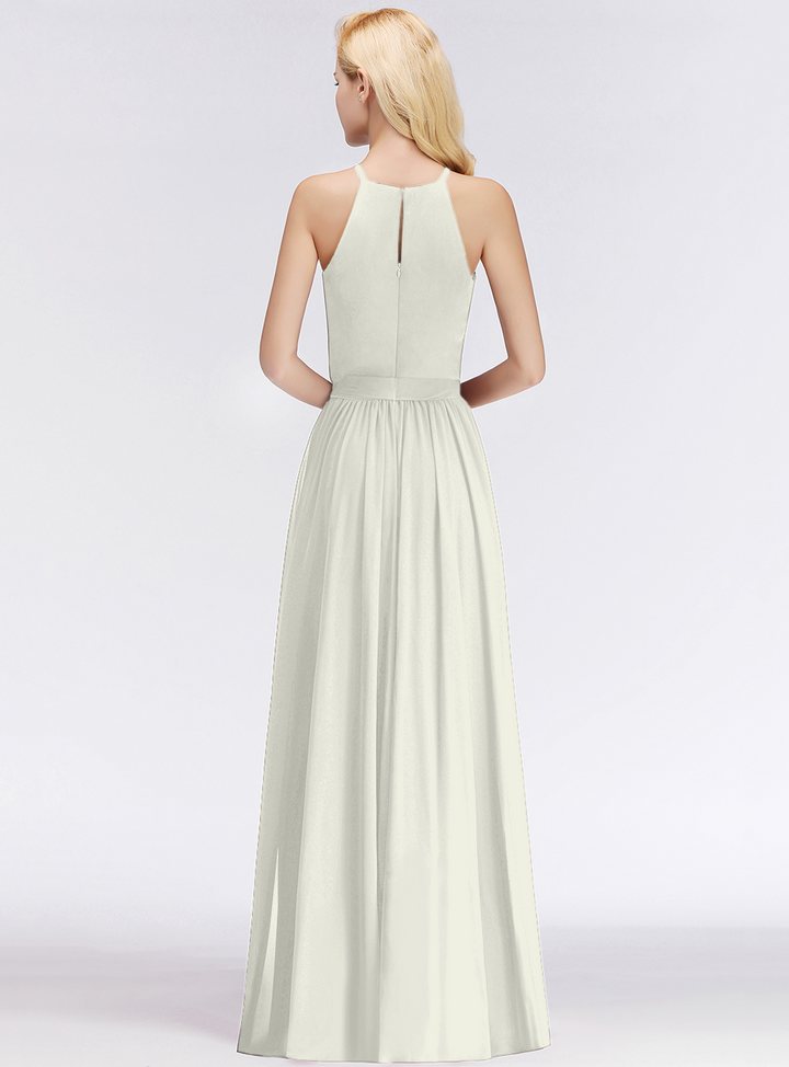 A-line Halter Ruched Chiffon Floor-Length Dress-koscy