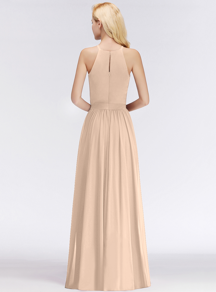 A-line Halter Ruched Chiffon Floor-Length Dress-koscy