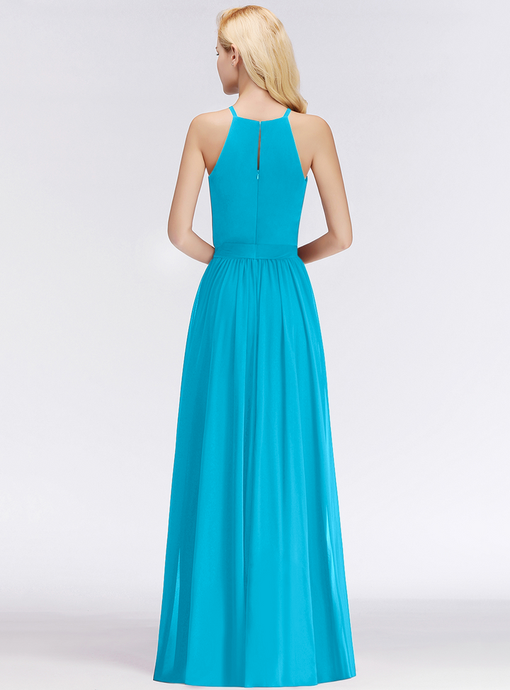 A-line Halter Ruched Chiffon Floor-Length Dress-koscy