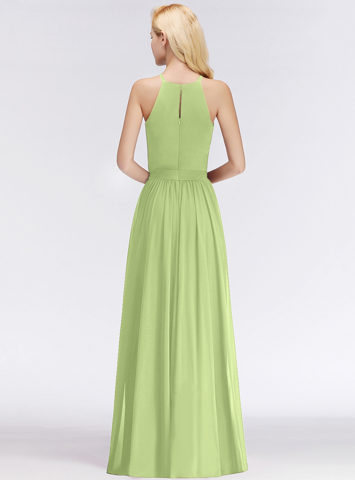 A-line Halter Ruched Chiffon Floor-Length Dress-koscy