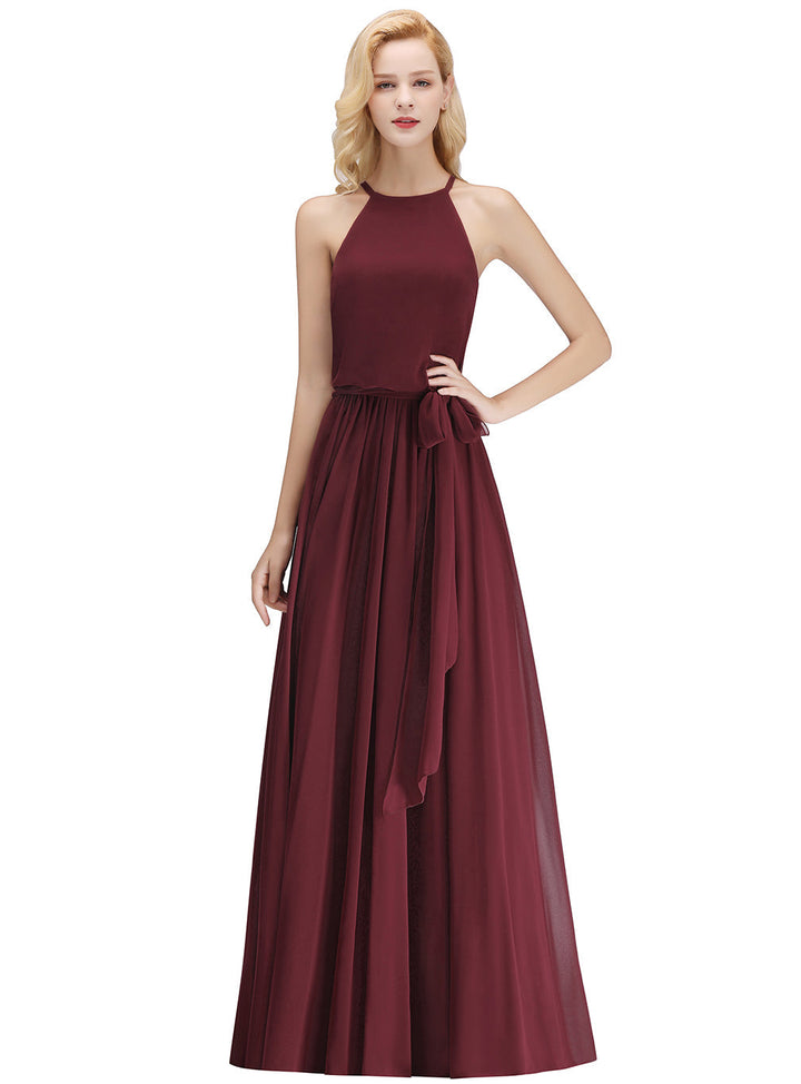 A-line Halter Ruched Chiffon Floor-Length Dress