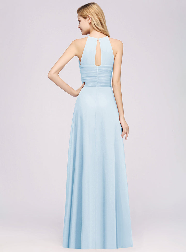 A-line Halter Ruched Chiffon Floor-Length Dress Crisscross-koscy