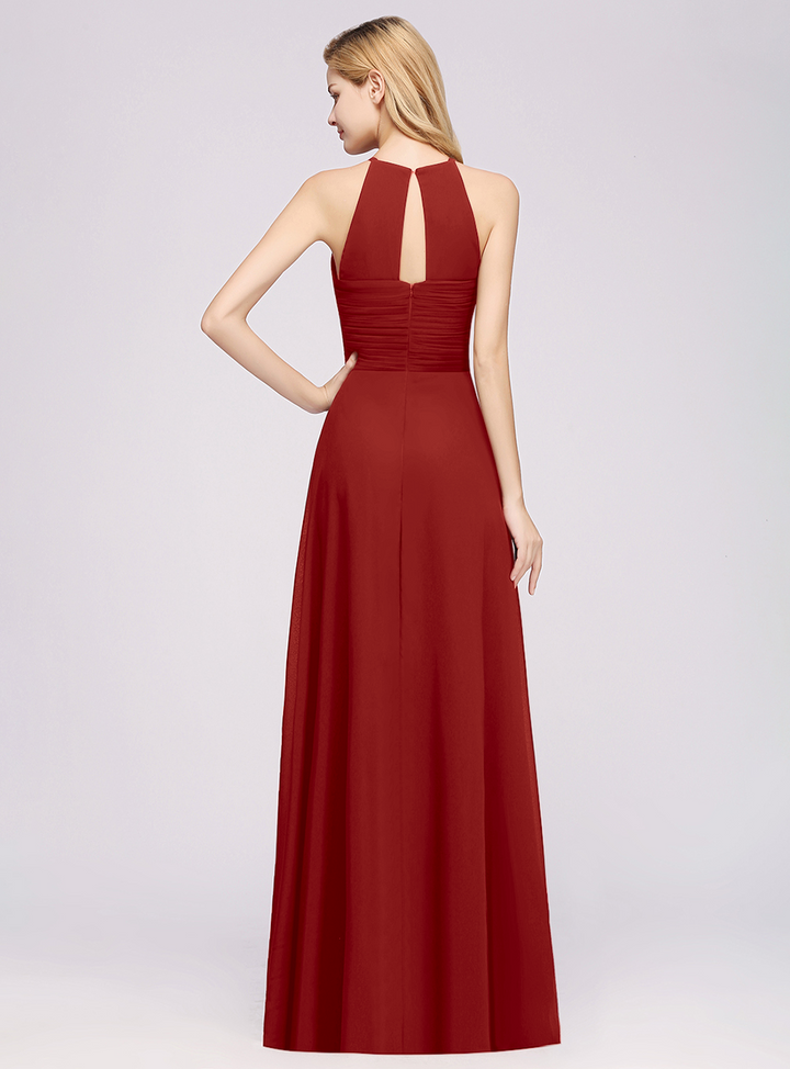 A-line Halter Ruched Chiffon Floor-Length Dress Crisscross-koscy