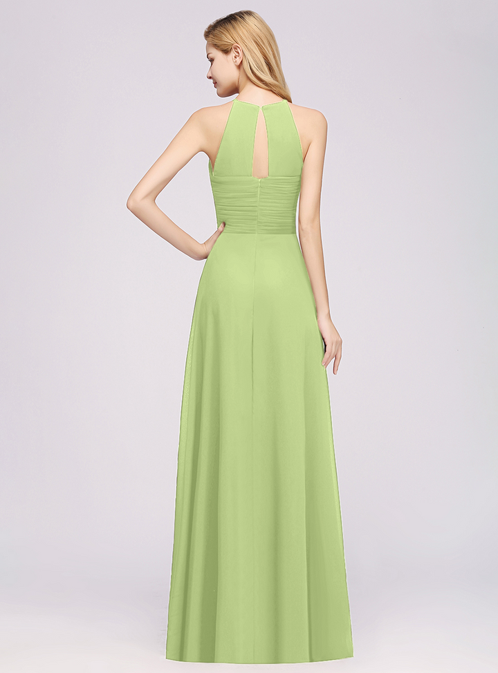 A-line Halter Ruched Chiffon Floor-Length Dress Crisscross-koscy