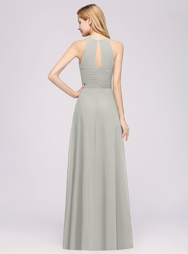 A-line Halter Ruched Chiffon Floor-Length Dress Crisscross-koscy