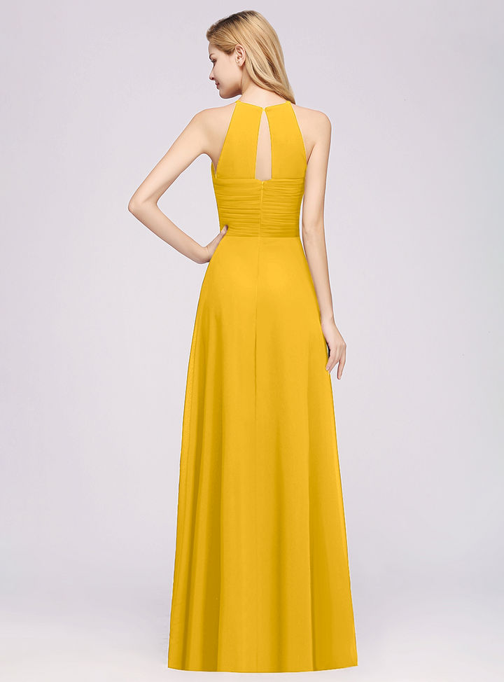 A-line Halter Ruched Chiffon Floor-Length Dress Crisscross-koscy