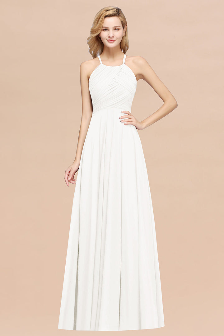 A-line Halter Ruched Chiffon Floor-Length Dress Crisscross-koscy