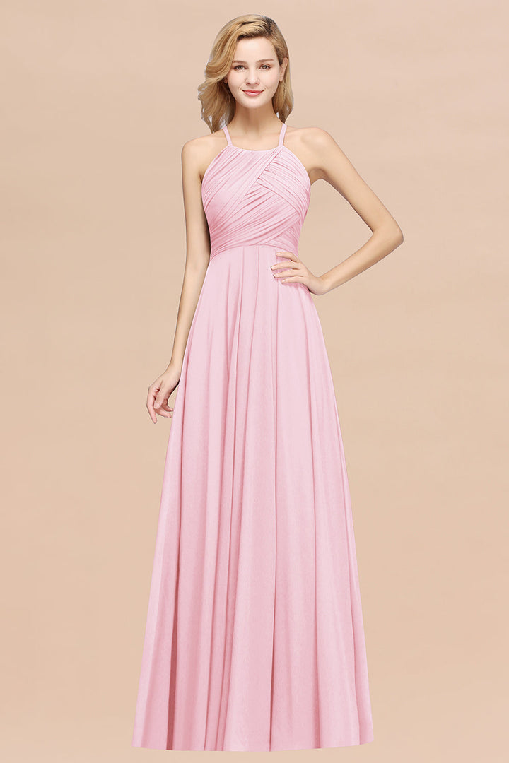 A-line Halter Ruched Chiffon Floor-Length Dress Crisscross-koscy