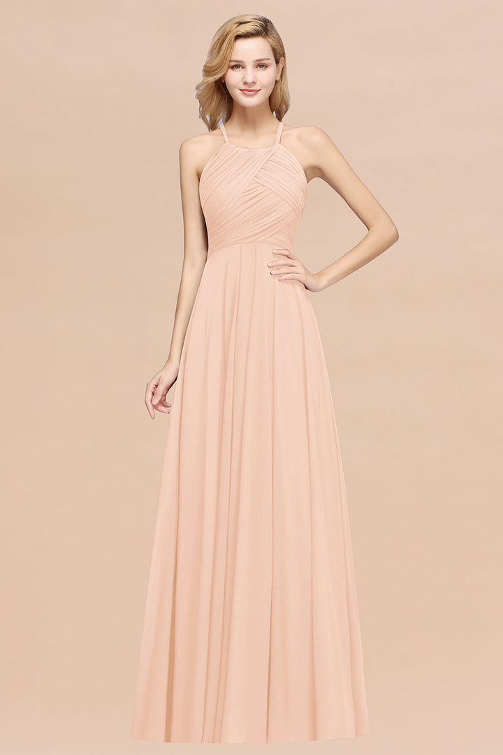 A-line Halter Ruched Chiffon Floor-Length Dress Crisscross-koscy