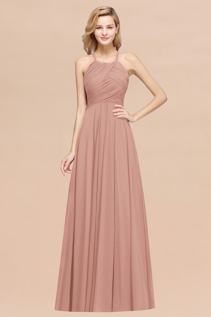 A-line Halter Ruched Chiffon Floor-Length Dress Crisscross-koscy