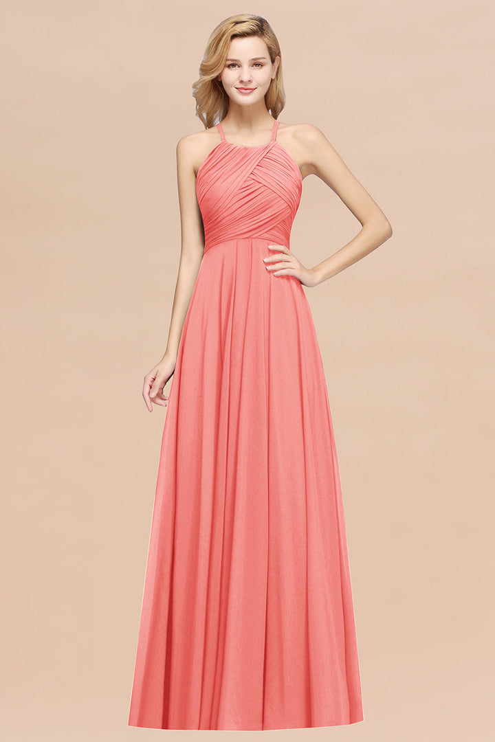 A-line Halter Ruched Chiffon Floor-Length Dress Crisscross-koscy