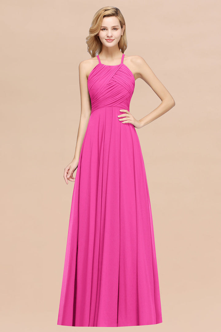 A-line Halter Ruched Chiffon Floor-Length Dress Crisscross-koscy