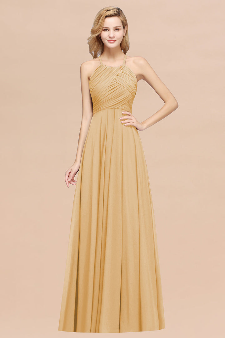 A-line Halter Ruched Chiffon Floor-Length Dress Crisscross-koscy