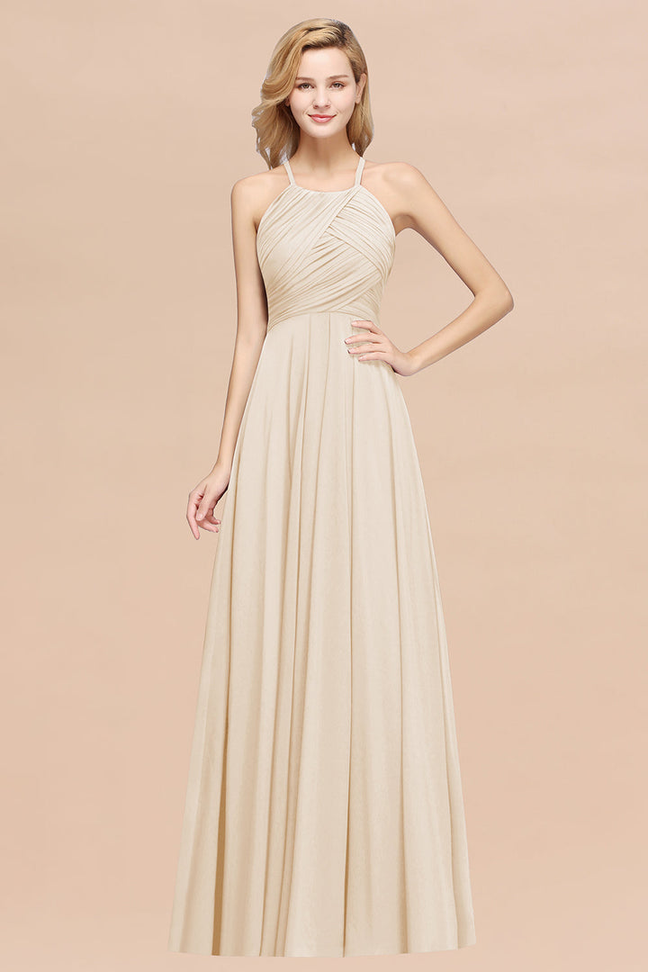 A-line Halter Ruched Chiffon Floor-Length Dress Crisscross-koscy