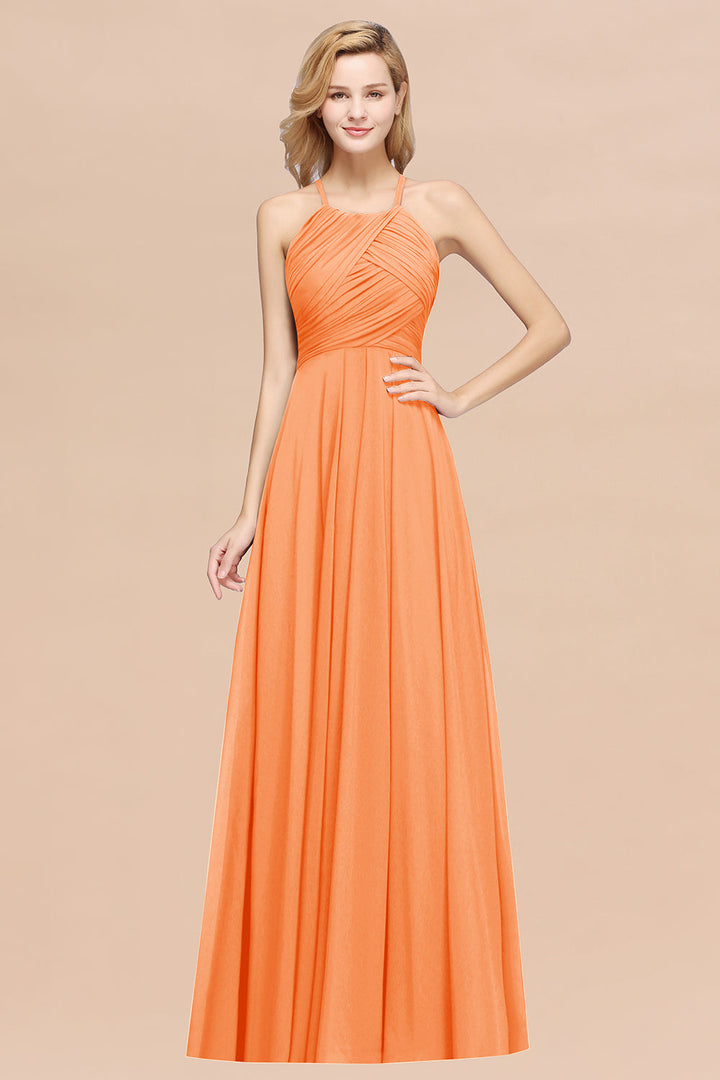 A-line Halter Ruched Chiffon Floor-Length Dress Crisscross-koscy