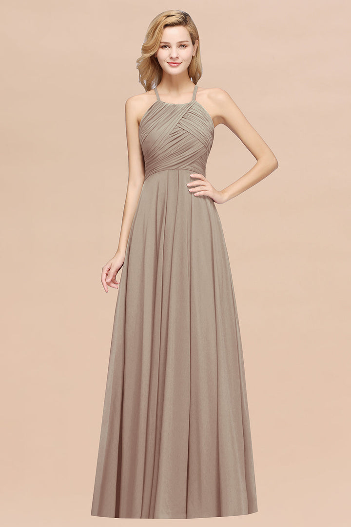 A-line Halter Ruched Chiffon Floor-Length Dress Crisscross-koscy