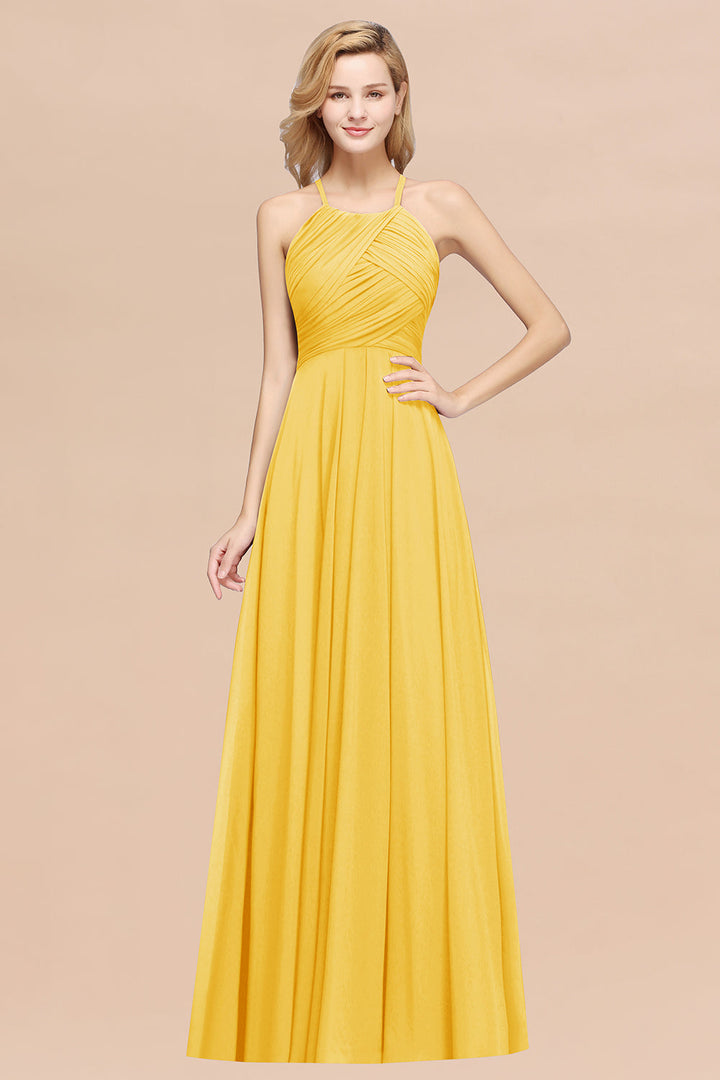 A-line Halter Ruched Chiffon Floor-Length Dress Crisscross-koscy