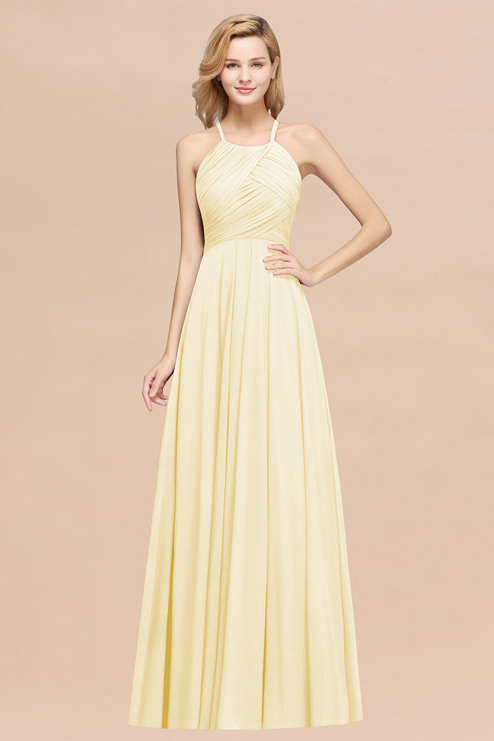 A-line Halter Ruched Chiffon Floor-Length Dress Crisscross-koscy