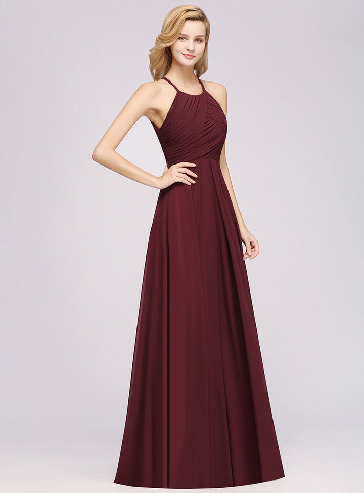 A-line Halter Ruched Chiffon Floor-Length Dress Crisscross-koscy