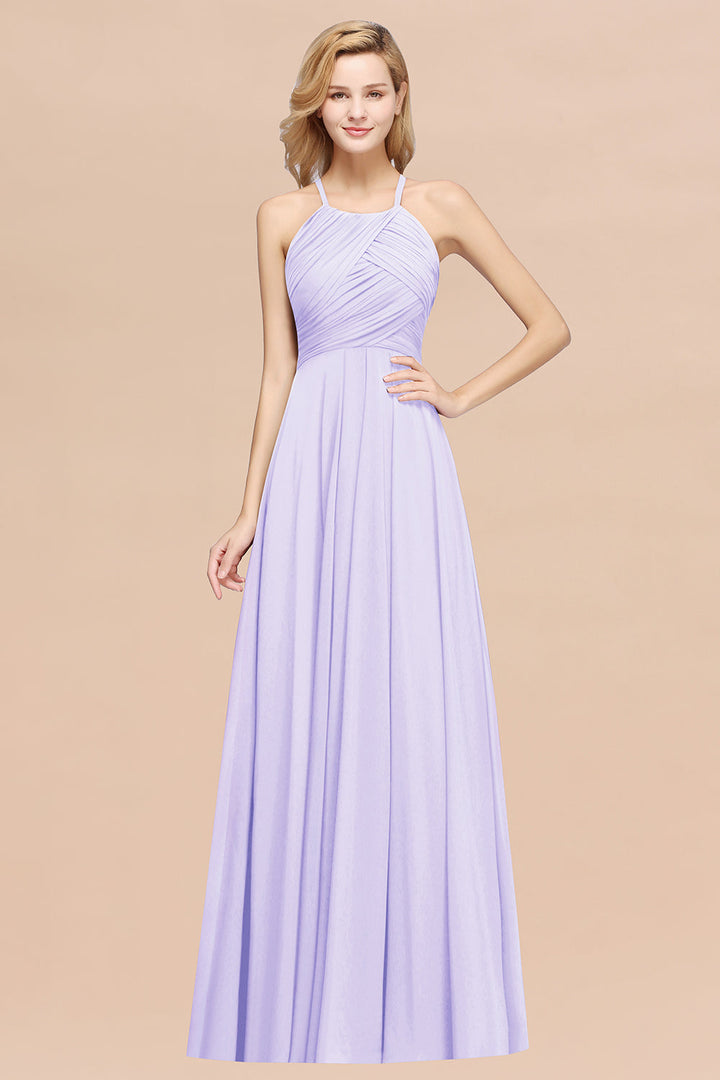 A-line Halter Ruched Chiffon Floor-Length Dress Crisscross-koscy