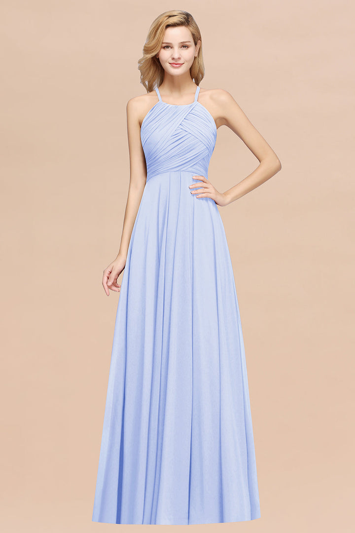 A-line Halter Ruched Chiffon Floor-Length Dress Crisscross-koscy