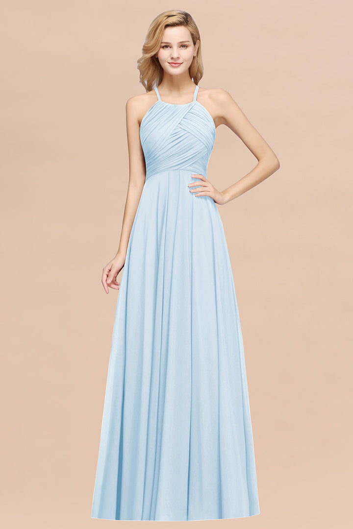 A-line Halter Ruched Chiffon Floor-Length Dress Crisscross-koscy