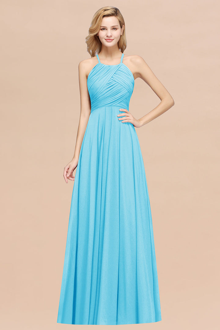 A-line Halter Ruched Chiffon Floor-Length Dress Crisscross-koscy