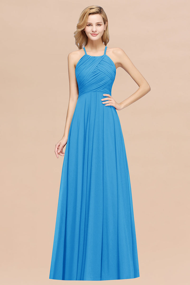 A-line Halter Ruched Chiffon Floor-Length Dress Crisscross-koscy