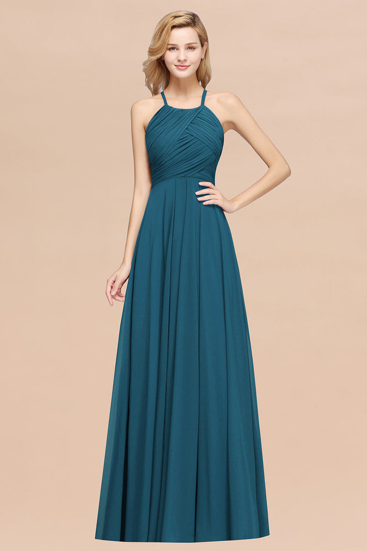 A-line Halter Ruched Chiffon Floor-Length Dress Crisscross-koscy