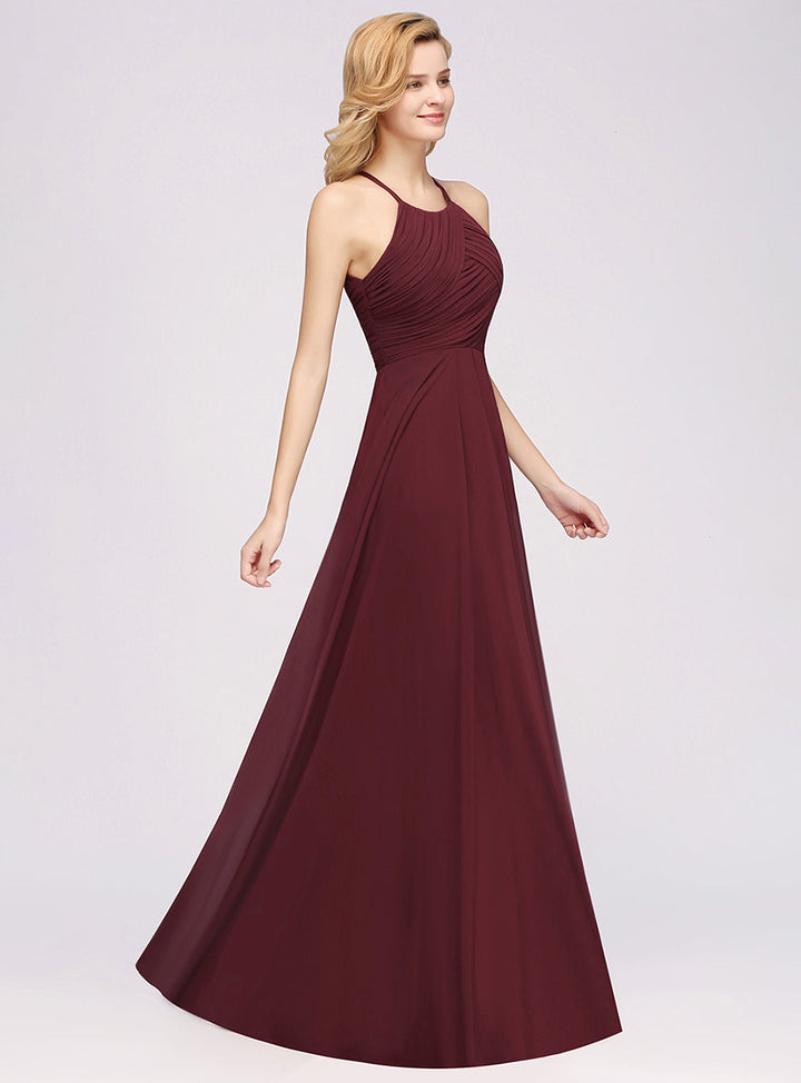 A-line Halter Ruched Chiffon Floor-Length Dress Crisscross-koscy